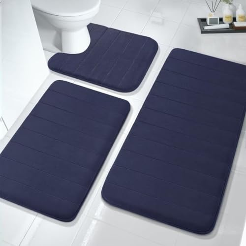 ARRITS Badezimmerteppich Set 3 Teilig, Memory Foam Badematte Set rutschfest Waschbar, Super Saugfähiger Weich Badvorleger Maschinenwaschbar und Toilettenmatte für Dusche, Badewanne und Wc (Navy Blau)