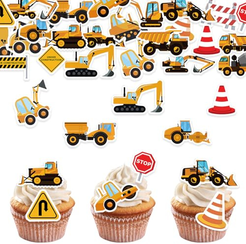 DazzJoy 64 Stück Baustelle Tortendeko Essbar,Bagger Kuchendeko Geburtstag Junge,Bagger Muffin Deko Essbar,Esspapier Tortendeko Traktor,Baustelle Essbare Geburtstag,Baufahrzeug Esspapier Cupcake Topper