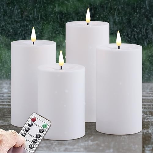 Zevanor 7cm x 10cm 12,5cm 12,5cm 15cm Flammenlose wasserdichte LED-Kerzen mit Fernbedienung und Timerfunktion, batteriebetriebene flackernde weiße Kunststoff-Kerzen für den Außenbereich (4er Pack)