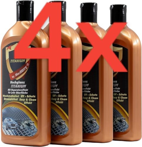 KOVA® 4x MacBrite Titanium je 500ml + 1 BILDMAGNET! Langzeitschutz & Versiegelung Hochglanz Autopolitur für Lacke Chrom Felgen Politur Lackreiniger Mac Brite Auto Polierpaste ähnl. Keramikversiegelung