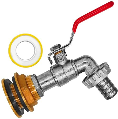 MegaHaustechnik Regentonnendurchführung Messing für 34mm LochØ AG 1“, Wandung max. 15mm, Dichtband, mit Auslaufhahn mit Schlauchtülle AußenØ 20mm für 3/4“ Schlauch, Fass Verschraubung Tank