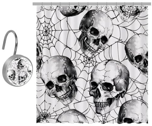 VAPOKF Rideau de douche en polyester avec 9 crochets en acier inoxydable pour salle de bain rustique Motif têtes de mort sur toile d'araignée 122 x 182 cm