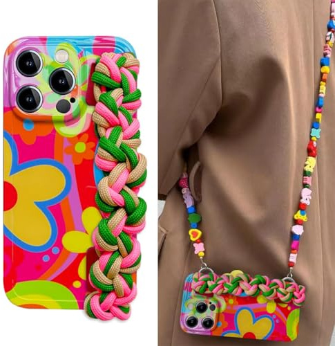 Flower with Lanyard Neck Strap Silicone Phone Case for Iphone 15, 14, 13, 12 Series, Crossbody Case with Lanyard and Wristband Kickstand (for iphone 13,Woven wristband)