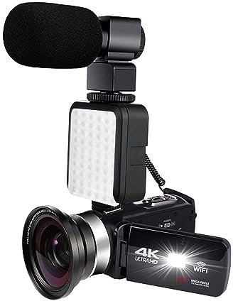 MZZYG Caméra vidéo Caméscope numérique à Vision Nocturne 4K HD 48M Home WiFi Live Streaming Camcorder DV Appareil Photo numérique(Black+Light+Mic+Wide Angle Lens)