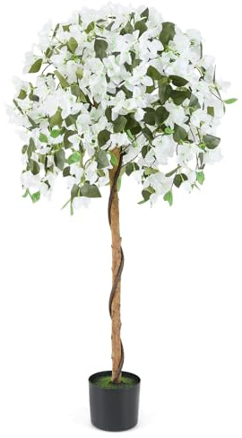 COSTWAY 130CM/4.3FT Ficus Artificial Tree, Fake Azalea Trees in Nursery Pot, Indoor Outdoor Greenery Tall Faux Floor Plant for Living Room Office Decor (1, White)