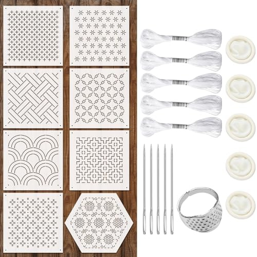 Zernblend 8 Pezzi Modelli per Ricamo 4,7 x 4,7 Pollici, 5 Aghi da Ricamo, 5 fasci di Corde Intrecciate, 5 copridita in Gomma e 1 Anello per Dito, trapuntatura a Mano, Stencil per goffratura