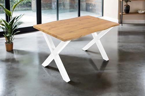 SAM Esstisch Josy 120x80 cm Holz Wildeiche-Optik X-Gestell weiß | 40 mm Tischplatte mit Baumkante, Metallgestell, Tisch für Esszimmer & Küche