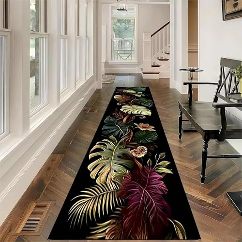 Tropical Leaf Runner Rug,60x150cm, Summer Jungle Natural Plant Palm Leaf Long Hallway Rugs, Non-Slip Washable Monstera Black Kitchen Carpet, Soft Low Pile Rugs for Living Room Laundry Room Bathroom