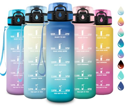 Gourde Sport 1L, Gourde avec Filtre, sans BPA, Bouteille d'eau de Motivation avec Marqueur de Temps, Étanche et Réutilisable, Bouteille Réutilisable pour l'école, Sport, Bureau, Yoga, Camping