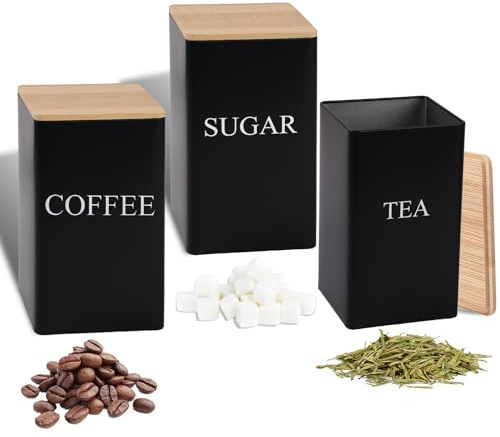 Pinboov 3 Piece Tea Coffee Sugar Canisters, 1L Black Metal with Wooden Lid | Square Storage Containers for Kitchen Counter, Pantry, Office, Café and Restaurant Use