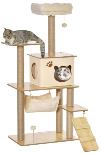 PawHut Arbre à Chat Hauteur 130 cm, Tour de Jeux pour Chat, platesformes, Niche, lit, hamac, échelle et 2 balles en Peluche, griffoirs en Jute, plusieux Niveaux, Jaune
