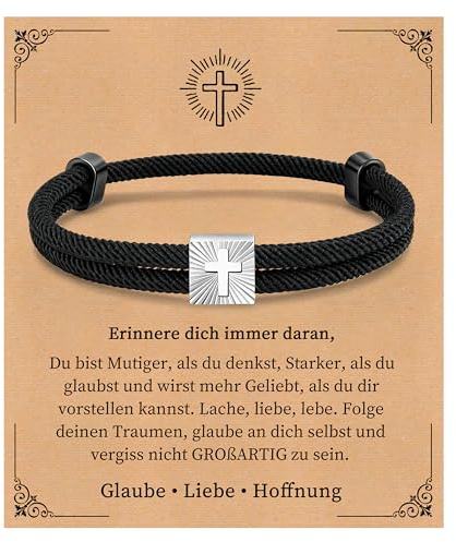 FLHEART Kreuz Armband Geschenke für Jungen Sohn - Verstellbares Schwarz Segeltau Armband mit Kreuz, Christliche Armbänder für Männer, Ostern Geburtstag Weihnachten Firmung Geschenke für Jungs Sohn