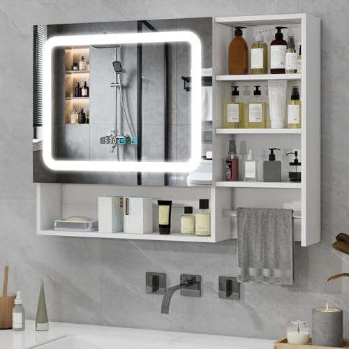 YU YUSING Spiegelschrank Bad mit LED Beleuchtung 80x60cm, Weiß | 6 Regal Tür Handtuchhalter, Badschrank mit LED-Spiegel, Beschlagfrei, 3 Farben Dimmbar, Badspiegel Hängeschrank