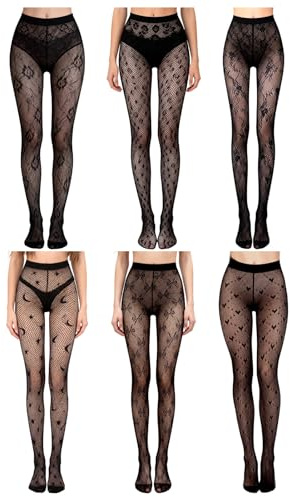 Rudfovn 6 Pcs Patterned Tights for Women, Black High Waist Fashion Pattern Lace Tights