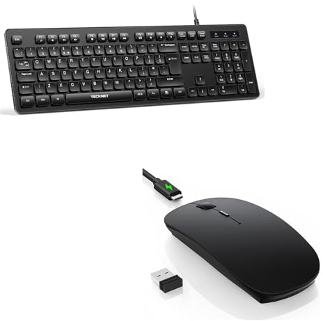 TECKNET Keyboard & Mouse Bundle Set for Office & Home – Wired USB Full-Size Keyboard + Bluetooth Rechargeable Mouse, Quiet Combo for Students, PC, Laptop, Mac, Black