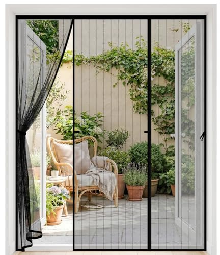 Moustiquaire Baie Vitree Coulissante,160x212cm Moustiquaire Porte Fenetre,Aimantée Double Ouverture Latérale,Fermeture Automatique Respirantes net,Rideau Anti Mouche pour Entree Balcon Salon Veranda