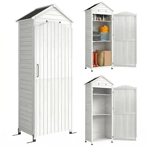 Outsunny Armadio da Giardino in Legno Alto, Casetta Porta Attrezzi da Esterno con Tetto Inclinato Zincato, Ripiani Regolabili, Prese d'Aria, Kit Antiribaltamento, 85x58x213cm, Finitura Goffrata Bianco