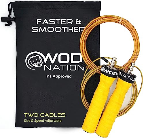 WOD Nation för vuxna – bra som hopprep för träning, för boxning eller som vuxnas fitness hopprep – för hemmagymmerutrustning – justerbart två-kabelsystem för män och kvinnor (gul)