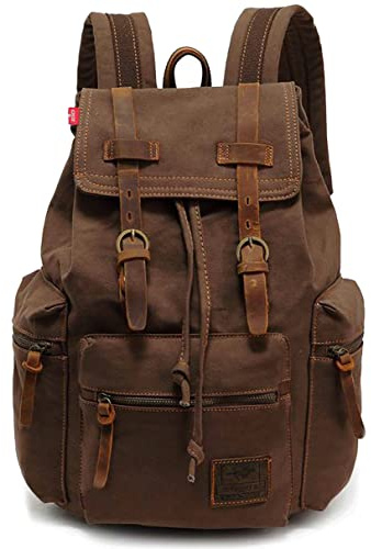 HuaChen Vintage Canvas Travel Backpack with Leather Trim, Laptop Padded Sleeve, Hidden Back Security Pocket, Fits 15-Inch, M32 Coffee Large