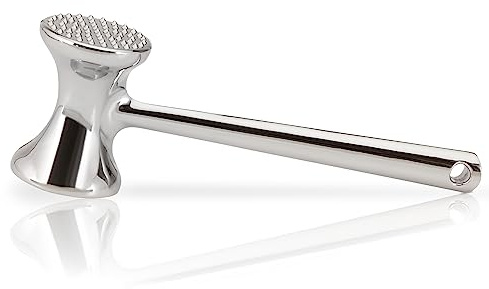 MEISTERKOCH Fleischklopfer doppelseitig Silber, Fleischhammer Aluminium, Schnitzelklopfer Metall, 6 cm Ø komfortabler Griff mit Aufhängeöse, für Schnitzel, Steak, Rindfleisch, spülmaschinengeeignet