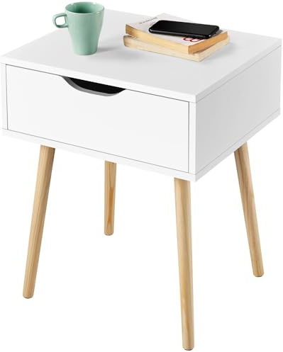 Yaheetech Nachttisch Beistelltisch mit Schublade Nachtkommode Nachtschrank Holzbeine Sofatisch MDF Couchtisch 41 x 48,5 x 57,5 cm, Weiß