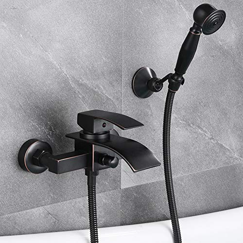 Robinet De Baignoire Cascade - Robinet De Douche Avec Douche À Main, Laiton Mitigeur De Baignoire Montage Mural Avec Support Et Flexible 1.5M, Pour Salle De Bain, Antique Huilé Bronze Terminer, Noir