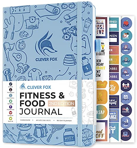 Clever Fox Fitness & Food Journal – Nutrition & Workout Planner for Women & Men – Diet & Gym Exercise Log Book with Calendars, Diet & Training Trackers - Undated, A5, Hardcover (Light Blue)