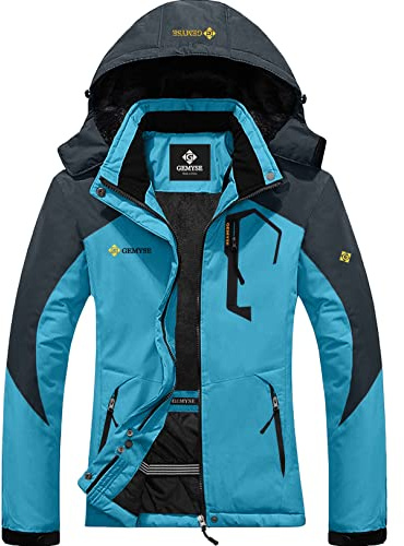 GEMYSE Damen Wasserdichte Berg-Skijacke Winddichte Fleece Outdoor-Winterjacke mit Kapuze (Hellblau Grau,M)