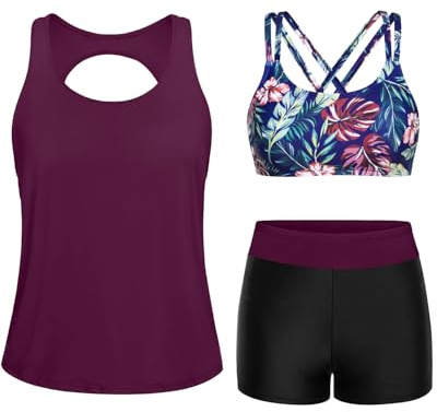 Yonique - Trajes de baño, tankini de 3 piezas para mujer, con pantalones cortos y camiseta de tirantes para natación, traje de baño discreto, Rojo oscuro, Large