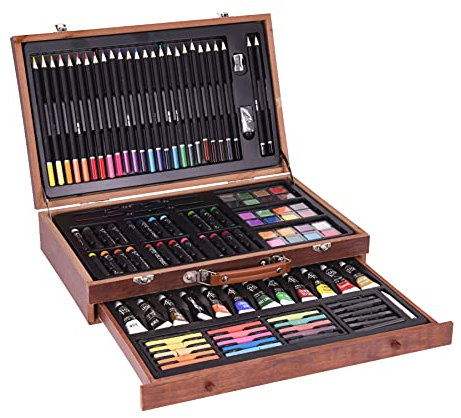 Spetebo Zeichen und Malset im praktischen Koffer - Malkoffer mit 112 Teilen - im hochwertigem Koffer aus Holz mit praktischem Griff, ideal zum transportieren