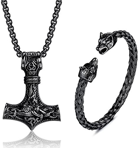 JeweBella Thors Hammer und Wolfskopf Armbänder Set für Herren - Mjolnir Halskette Edelstahl Manschette mit Odin Anhänger - Wikinger Schmuck