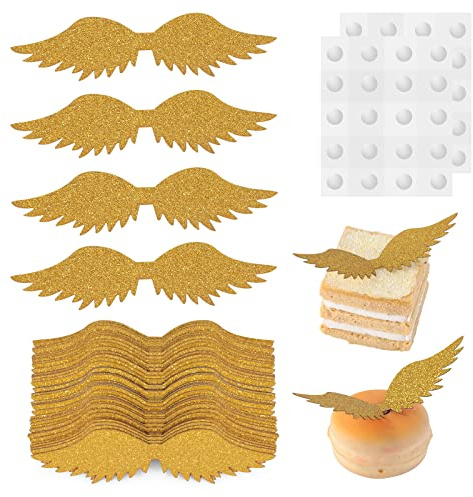 cobee Gyllene glittervingar, chokladdekoration, 40 st guldvingar, trollkarl, fest, chokladdekoration, cupcake, toppar, blanka festtillbehör, gynnar för trollkarl, temafest, jubileum, födelsedagsfest