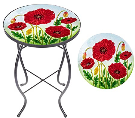MUMTOP Table d'appoint d'extérieur – Petites tables de patio en mosaïque – Support rond de 35,6 cm pour plantes de jardin et salon (coquelicot)