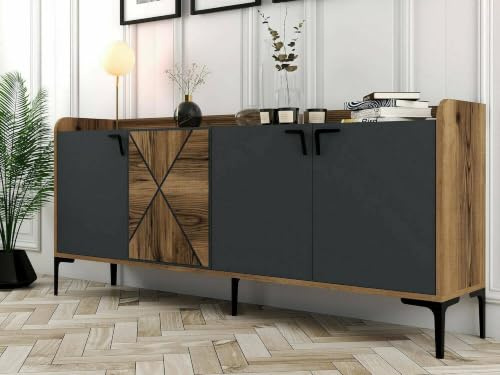Dmora - Buffet Deneb, Buffet du Salon, Commode de Salon, Garde-Manger de Cuisine, 180x35h78 cm, Noyer et Anthracite