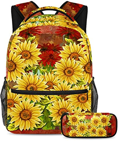 VAPOKF Sunflowers Yellow Red Floral Paint School Bag Set for Teen Girls Boys Kids, Student Bookbag Backpack Rucksack with Pencil Case for Primary Secondary Junior