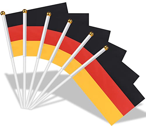 AhfuLife Klein Deutschland Flagge für Deutsche Deko 2026 WM, 100 Stück Deutsche Mini Handgehaltene Flaggen mit 30cm weißem Pole für Euro Fußball Damen WM Eurovision Hausgarten Party Bar Deko