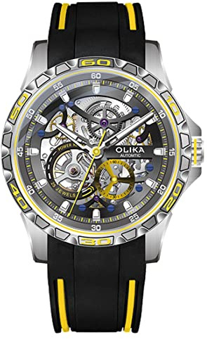 RobertDTesta Squelette Fashion Waterproof Luminous Mechanical Watch,Men's Automatic Mechanical Sports Watches,Silver Case Yellow