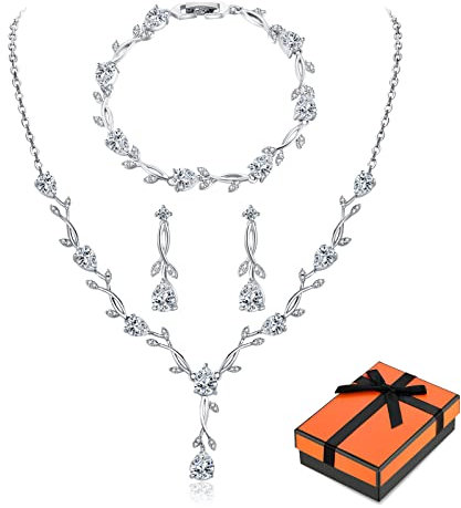 EPVOA Hochzeit Schmuckset Sterling Silber 925 für Damen, Halskette Armband Ohrringe in Form eines Blattes mit Zirkonia, Liebes Geschenk Brautschmuck Hochzeit für Braut Brautjungfer
