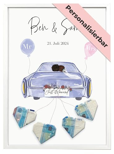 GiveSmiles Personalisiertes Geldgeschenk Hochzeit – Hochzeitsgeschenke für Brautpaar – Hochzeitsgeschenk – Gastgeschenke Hochzeit Geldgeschenke Verpackung als Hochzeitsauto Lila - Spardose Hochzeit