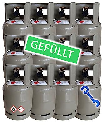 Bluecraft 12x Propangas Flasche 2,5 kg grau, gefüllt mit Kragen + Gasreglerlöser und 17er Schlüssel für Gas-Grill, Gas-Kocher, Wohnwagen, Heizung etc