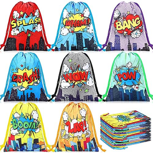 Honoson 16 Stück Helden-Party-Geschenktüten, 18 x 24 cm, bunte Helden-Leckerei-Tüten, Boom Splash Comic, Kordelzugbeutel für Klassenzimmer, Belohnungspreis, Geburtstag, Babyparty, Partyzubehör