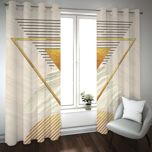 Gardinen Wohnzimmer Modern, Vorhange Goldschwarz Streifen und Dreieck Vorhang Polyester Gardinen 2er Set 137x274cm(WxH)