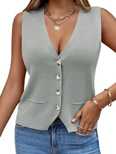 Saodimallsu Jersey Sin Mangas Para Mujer, Chaleco de Punto en V, Botón de Moda, Informal, Suelto, Cárdigan Para Mujer, Verano, Gris Claro, M
