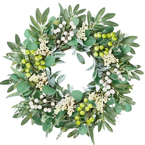 Sggvecsy Artificial Eucalyptus Wreath for Front Door 20 Inch with Greenery Leaves Lambs Ear White Berries for Spring Summer Farmhouse Window Porch Wall Home Indoor Outdoor Decor
