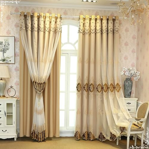 Beydodo Vorhänge Verdunkelung 86x115CM, Blickdichte Gardinen Ösen 2er Set Nordisch Doppellagig mit Spitze Stickerei Filigran Motiv Polyester Vorhang Khaki Verdunkelungsvorhänge Kinderzimmer