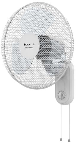 Taurus Greco Wall Ventilador de Pared Silencioso, 3 Velocidades, Selector de Velocidades Giratorio, Oscilante, Conmutador de Tirador, Rejilla Extraíble 45W, 3 Aspas