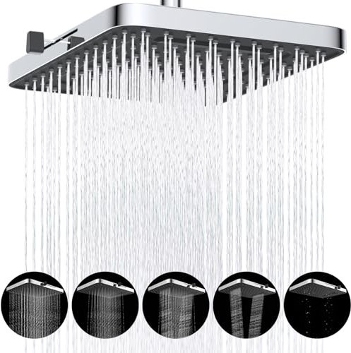 Hibbent 5 Spray Mode Rain Shower Heads, 13 Inch High Pressure Rainfall Shower Head, Square Built-in Shower Heads, Adjustable Swivel Ball Joint, Lush Shower Experience, Easy Installation, Chrome