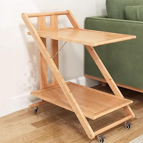 CUXAHO Beistelltisch, Klappbar Tablett Tisch Sofatisch mit Rollen,mobiler Holz Couchtisch Kaffeetisch, Wohnzimmertisch 2 Ebenen,Nachttisch Stauraum für Schlafzimmer, Wohnzimmer(Light Color)