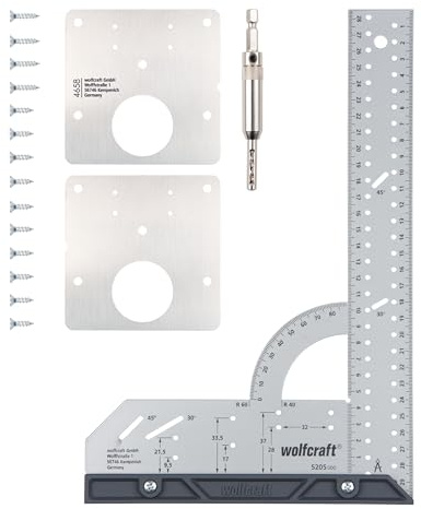 wolfcraft Reparatur-Set Topfscharnier Türseite 8657000 - Reparatur von 2 Topfscharnieren mit Montageplatten, Scharnierbohrer & Universalwinkel 300 mm