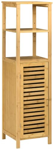 kleankin Badezimmerschrank Badschrank mit Tür 33 x 30 x 120 cm Naturholz | Aufbewahrungsschrank, Zwei Offene Ablagen, Bambus, Hochschrank, Schrank für Badezimmer und Wohnzimmer
